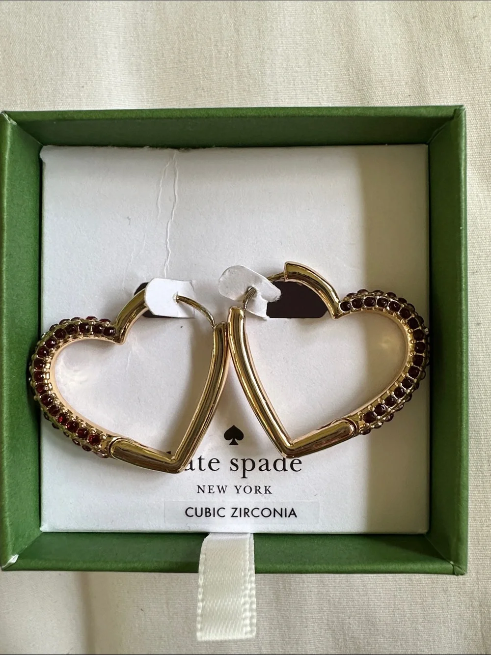 kate spade Gold Heart Hoop Earrings with Deep Red Stones